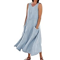 Sleeveless Cotton Linen Dresses for Women 2024 New Cozy Breathable Plus Size Solid Crewneck Long Dress with Pockets