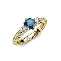 London Blue Topaz & Diamond Three Stone Ring with Diamond on Side Bar 1.55 cttw 14K Yellow Gold