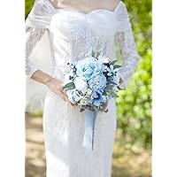 Dusty Blue Wedding Bouquets for Bride Bridesmaids Artificial Rose Flower Bridal Bouquet for Wedding Ceremony Anniversary, Bridal Shower and French Rustic Vintage Boho Wedding