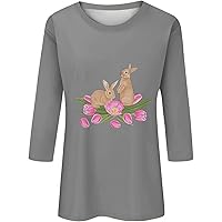 Easter Plus Size Top Women's Fashion Casual Round Neck 3/4 Sleeve Cute Print Tops Loose Pleated Comfy Summer Shirts