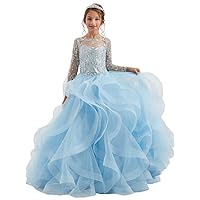 HuaMei Girls Pageant Dresses Long Sleeve Beaded Floor Length Ruffled Ball Gowns