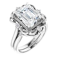 JEWELERYOCITY 3 CT Emerald Cut VVS1 Colorless Moissanite Engagement Ring Set, Wedding/Bridal Ring Set, Sterling Silver Vintage Antique Anniversary Promise Ring Set Gifts