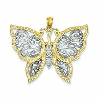 14k Yellow Gold Textured and Rhodium Sparkle Cut Butterfly Angel Wings Pendant Necklace Measures 36x41mm Wide Jewelry for Women