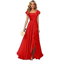 Red Plus Size Bridesmaid Dresses for Women Short Ruffle Sleeve Chiffon Square Neck Long Formal Evening Dress Size 26W