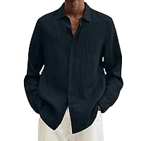 Men's Cotton Linen Shirts Casual Button Down Beach T Shirt Long Sleeve Regular Fit Solid Tees for Men Summer Holiday