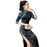 Long Chinese Stand Collar Qipao Lace Embroidery Flowers Retro Slim Fit Cheongsam Big Size Women Button