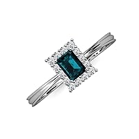 Emerald Cut London Blue Topaz & Round Diamond 1 3/8 ctw Women Tapered Ridged Shank Halo Engagement Ring 14K Gold