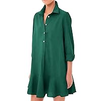 Shirt Dresses for Women 2024 Cotton Linen Long Sleeve Short Dress Ruffle Hem Shift Dresses Half Open Button Up Dress
