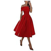 Off Shoulder Bridesmaid Dress with Pockets A Line Midi Homecoming Dress Satin Cocktail Dress BS234