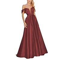 Ball Gown for Women Satin Dress Wine Red Prom Dresses Long Off Shoulder V-Neck A-Line