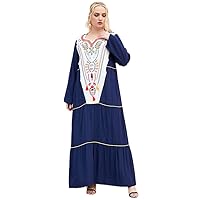 Plus Size Women Ethnic Embroidered Long Sleeve Casual Stitching Large Swing Long Skirt Europe Middle East Dress