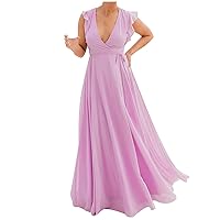 Women Ruffle Trim Sleeveless Lace-Up Wrap V Neck Dress Summer Chiffon High Waist Flowy Pleated Solid A-Line Dresses