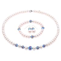 Necklace Set 7-8mm White Freshwater Cultured Pearl Necklace Bracelet and Earrings Jewelry Set