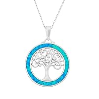 Silver Roots Sterling Silver Blue Inlay Opal Border Tree of Life Disc Pendant Necklace