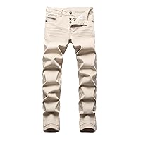 Men's Simple and Elegant Solid Color Casual Pants Mid-Waist Embroidered Fashion Jeans Slim Stretch Streetwear