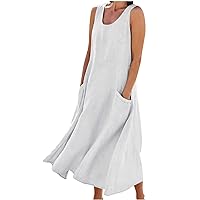 Denim Dress Long Sleeveless Linen Dresses for Women, 2024 Summer Pocket Dress Casual Scoop Neck Tank Dress Trendy Loose Fit Sundress Vestidos para Mujer White