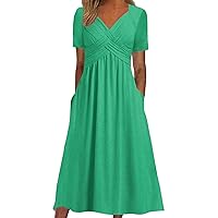 Dresses for Women 2024 Casual Summer Vacation Short Sleeve Tie Wrap V Neck Flowy Midi Dresses Beach Sundress with Pockets
