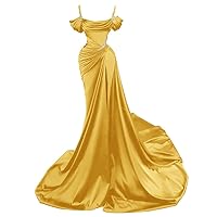 Women's Satin Mermaid Long Prom Dresses Spaghtti Straps Beaded Sparkly Formal Evening Gowns with Slit R060