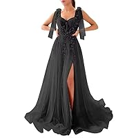 Lace Applique Prom Dresses Long Tulle A-Line Side Slit Formal Evening Dress