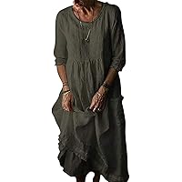 Dantees Women Casual Dress Cotton Linen Solid Tunic Short Sleeve Summer Dress with Pocket