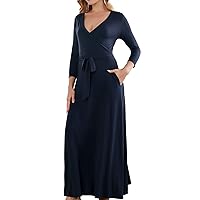 Aphratti Womens 3/4 Sleeve Faux Wrap Casual Fall Long Maxi Dress with Pockets