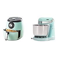 DFAF455GBAQ01 Deluxe Electric Air Fryer + Oven Cooker, 6 Quart, 6 qt, Aqua & Stand Mixer (Electric Everyday Use): 6 Speed with Dough Hooks & Mixer Beaters, 3 qt Stainless Steel Mixing Bowl, Aqua