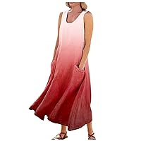 2024 Fashion Gradient Color Maxi Casual Dress,Summer Cami Flowy Dress Plus Size U Neck Beach Loose Tshirt Dress with Pockets