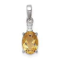 925 Sterling Silver Polished Prong set Open back Rhodium Plated Diamond and Citrine Oval Pendant Necklace Measures 14x5mm Wide Jewelry for Women