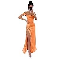 Off Shoulder Prom Dresses Pleated Satin Long Formal Evening Dress with Slit Cocktail Party Gowns