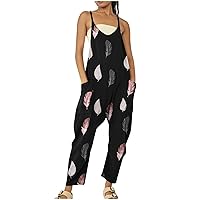 Fashion Print Overalls for Women, Casual V Neck Baggy Jumpsuits Loose Harem Pants Wide Leg Romper with Big Pocket