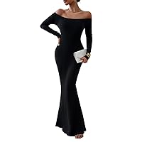 Women's 2023 Fall Off Shoulder Bodycon Maxi Dress Long Sleeve Fitted Lounge Mermaid Casual Long Dresses