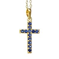 Round Shape Blue Sapphire Cross Design 925 Sterling Silver Gold Plated Pendant Necklace