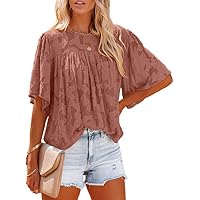 Womens 3/4 Bell Sleeve Blouse Summer Crewneck Lace Tops Floral Textured Babydoll Shirts