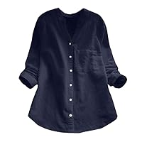 Women Cotton Linen Button Down V Neck Dressy Shirts Summer Long Sleeve Comfy Casual Loose Fit Solid Blosues Tops