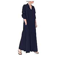 Women's Casual Dress Maxi Dress Long T-Shirt Dress V Neck Long Sleeve Button Down with Pockets