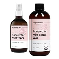 Rose Water for Face & Hair, USDA Certified Organic Facial Toner. Alcohol-Free Makeup Setting Hydrating Spray Mist. 100% 4 Oz with Refill 8 Oz
