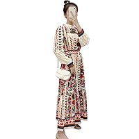 Bohemian Dress Long Sleeves Ethnic Collar Waist Print Skirt Summer V-Neck