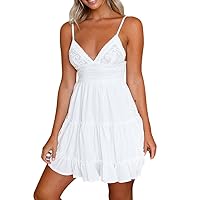 Summer White Dress Women Back Hollow Out Bow Spaghetti Strap Sundresses Sexy Low Cut A-Line Dress Beach Mini Dress