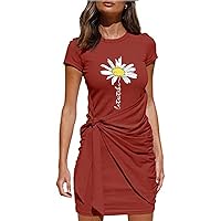 Women's Bohemian Swing Solid Color Short Sleeve Knee Length Beach Round Neck Trendy Dress Flowy Casual Summer
