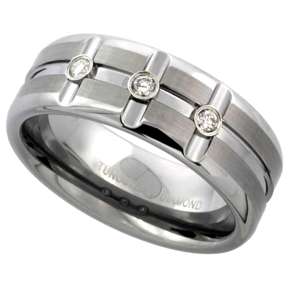 6mm - 8mm Tungsten 3 Stone Diamond Wedding Ring Horizontal & Vertical Grooves Satin Finished Comfort fit sizes 4-14