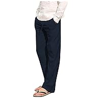Dudubaby Mens Stretch Pants Fashion Cotton Linen Plus Size Casual Elastic Waist Pockets Long Pants