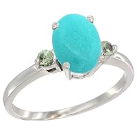 10K White Gold Natural Turquoise Ring Oval 9x7 mm Green Sapphire Accent, Sizes 5 to 10