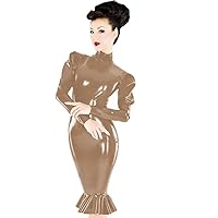 Plus Size Gothic Puff Sleeve Mermaid Dress Ladies PVC Midi Vestido (Brown,XXL)