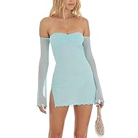 Women's Sheer Mesh Mini Dress Sexy Square Neck Long Sleeve Double Layer A-Line Dress Short Cocktai Party Dress