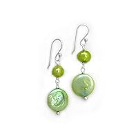 Sterling Silver Cultured Pearl Link Coin Pearl Drop Earrings, Spring Green