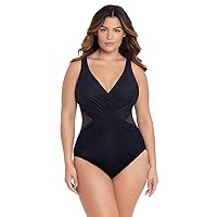 Miraclesuit Women's Swimwear Plus Size Illusionist Crossover Tummy Control V-Neckline Soft Cups One Piece Swimsuit, Black, 22W