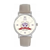 Queen's Platinum Jubilee Crown Watch 2022 for Women, Analogue Display, Japanese Quartz Movement Watch with Beige Leather Strap, Custom Made