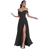 Women's Off Shoulder Bridesmaid Dresses with Pocket Slit Long Pleated Chiffion Formal Evening Party Prom Dress