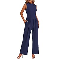 Tanou One Piece Jumpsuits for Women Dressy Casual Outfits Sleeveless Mock Neck Wide Leg Jumpsuits With Pockets