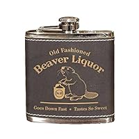 Old Fashioned Beaver Liquor 6 Oz Black Leather Stainless Steel Hip Flask with Laser Engraved Design - Leak Free, Easy to Hide | Thousand Oaks Barrel Co. (FSK617A)
